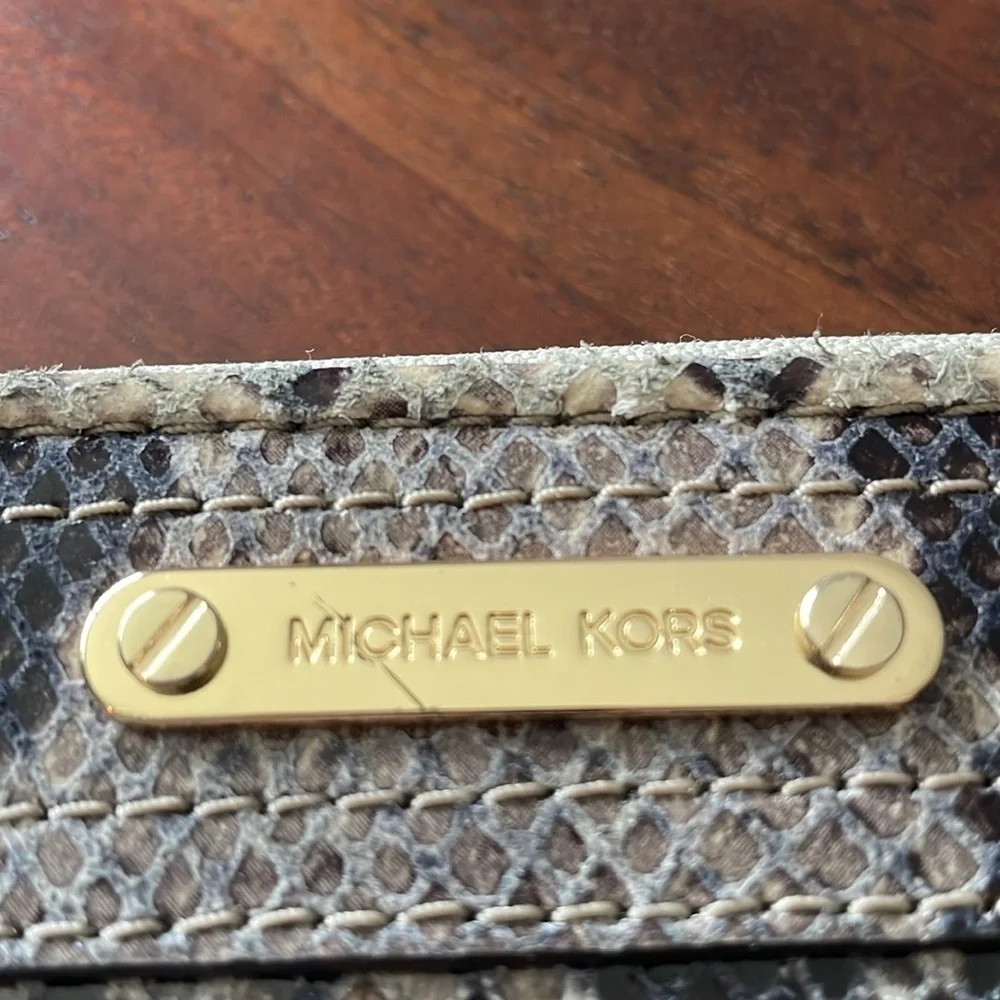 Michael Kors black brown snakeskin embossed logo gold tone zippered wallet